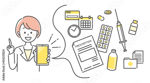 illustration of hospital and smart phone app.