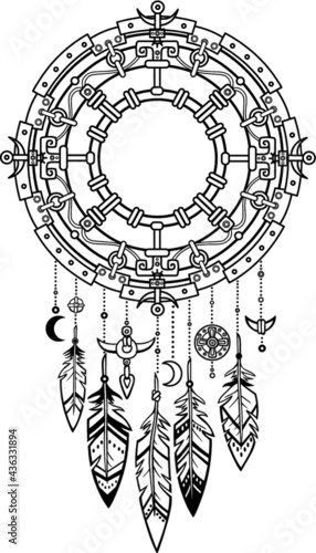 Decorative mystical circle with a beads and ethnic jewelry. Linear drawing, the isolated black contour on a white background. Vector illustration. Print, posters, t-shirt, textiles.