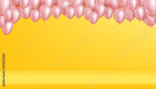 Pink balloons floating on Yellow wall background in empty room studio with shelf.Vector 3D minimal idea Holiday card, illustration horizon banner backdrop for Christmas, New Year or Birthday party