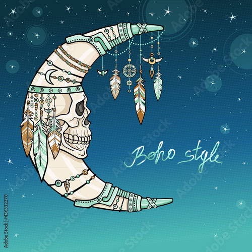 Mystical crescent with a human face - skull. Spirit of the shaman. Ethnic jewelry, beads and feathers. Esoteric symbol, boho design. Vector color illustration, background - night the star sky.