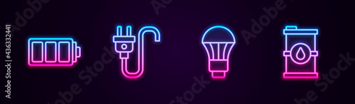 Set line Battery, Electric plug, LED light bulb and Bio fuel barrel. Glowing neon icon. Vector