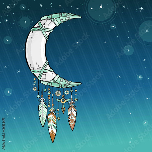 Native American Indian talisman dreamcatcher with feathers. Magic horn a crescent. Ethnic design, boho chic, tribal symbol. Background - the night sky. Vector illustration.