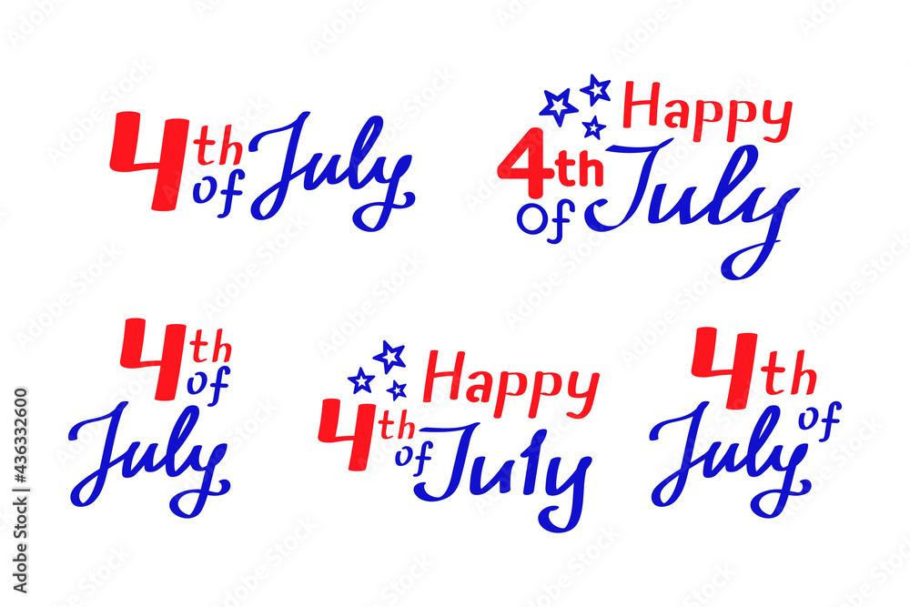 Happy 4th of July hand lettering in traditional red and blue colors on a white background. Vector set of festive quotes for American Independence Day, greeting card, invitation, poster, banner, flyer Happy 4th of July hand lettering in traditional red and blue colors on a white background. Vector set of festive quotes for American Independence Day, greeting card, invitation, poster, banner, flyer