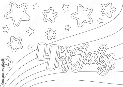 Coloring page with festive quote on a striped background with stars for 4th of July American Independence Day. Vector design template for kid's coloring book, greeting card, festive banner and poster