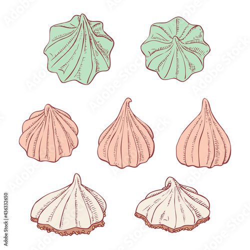 Set of hand drawn meringues on white background. Zephyr. Dessert. Vector illustration in engrave style.