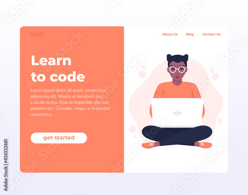 Learn to code web page, banner with coding girl, software developer