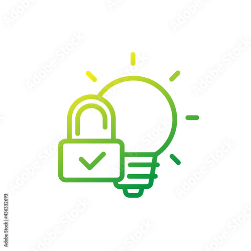 patent line icon with light bulb and lock on white