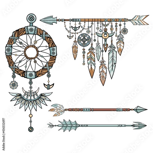 Set of ethnic objects. Native American Indian talisman dreamcatcher with feathers. Decorative arrows. Ethnic design, boho chic, tribal symbol. Vector illustration isolated on a white background.