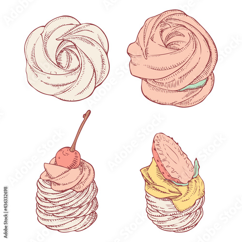 Set of hand drawn meringues on white background. Zephyr and sweet mini pavlova cake with cream, strawberry and cherry. Vector illustration in engrave style.