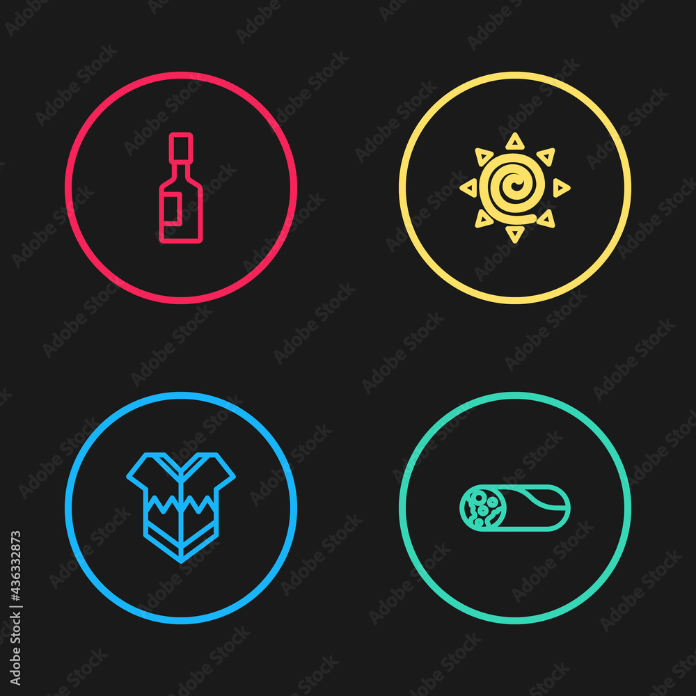 Set line Poncho, Burrito, Sun and Tabasco sauce icon. Vector Set line Poncho, Burrito, Sun and Tabasco sauce icon. Vector