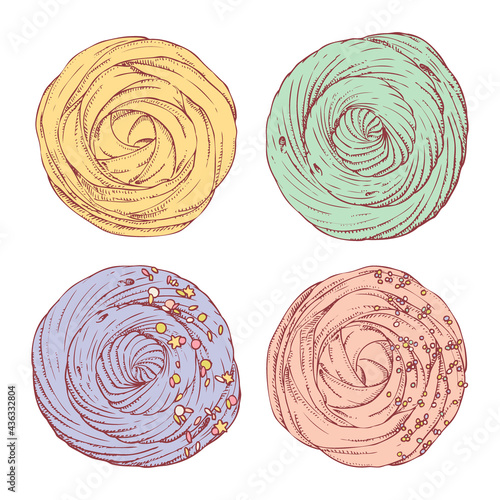 Set of hand drawn meringues on white background. Dessert. Vector illustration in engrave style.