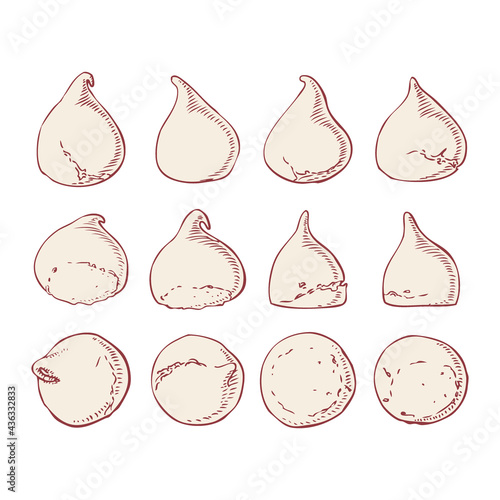 Set of hand drawn meringues on white background. Zephyr. Dessert. Vector illustration in engrave style.