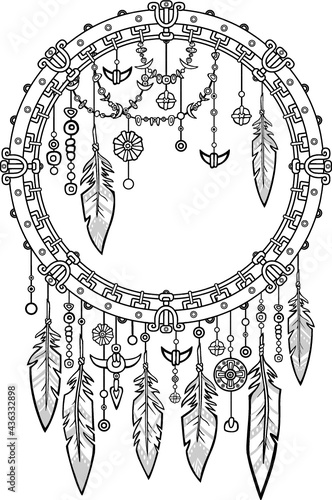 Talisman dreamcatcher with feathers.Motives of the American Indians.Ethnic design, boho chic. The linear drawing isolated on a white background. Vector illustration, be used for coloring book.
