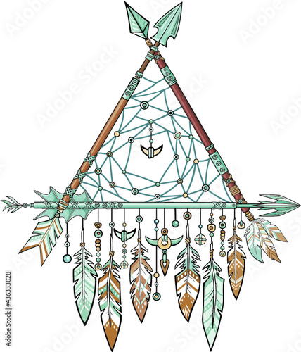 Decorative triangle from arrows. Jewelry feathers and beads, ethnic amulets. American Indians traditional symbol. Boho design. Vector illustration isolated on a white background.