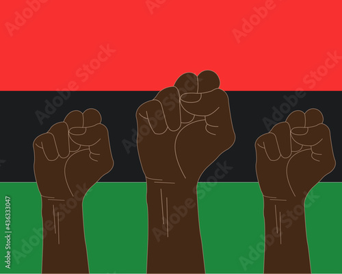 An illustration of black raised fists. Pan-African flag. Juneteenth concept. Freedom day celebration.