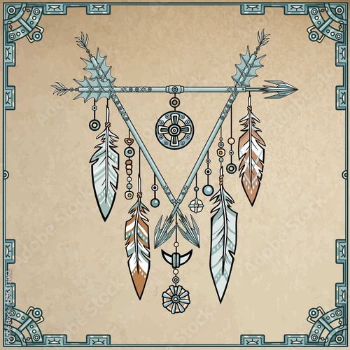 Decorative triangle from arrows. Jewelry feathers and beads, ethnic amulets. American Indians traditional symbol. Boho design. Background - imitation of old paper. Vector illustration.