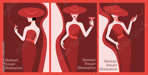Abstract fashion illustration with woman in elegant blue-green dress with folded umbrella on orange background