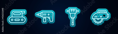Set line Electric planer tool, drill machine, Construction jackhammer and circular saw. Glowing neon icon. Vector