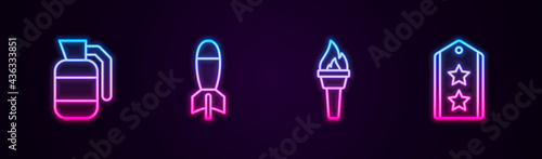 Set line Hand grenade, Rocket launcher, Torch flame and Military rank. Glowing neon icon. Vector