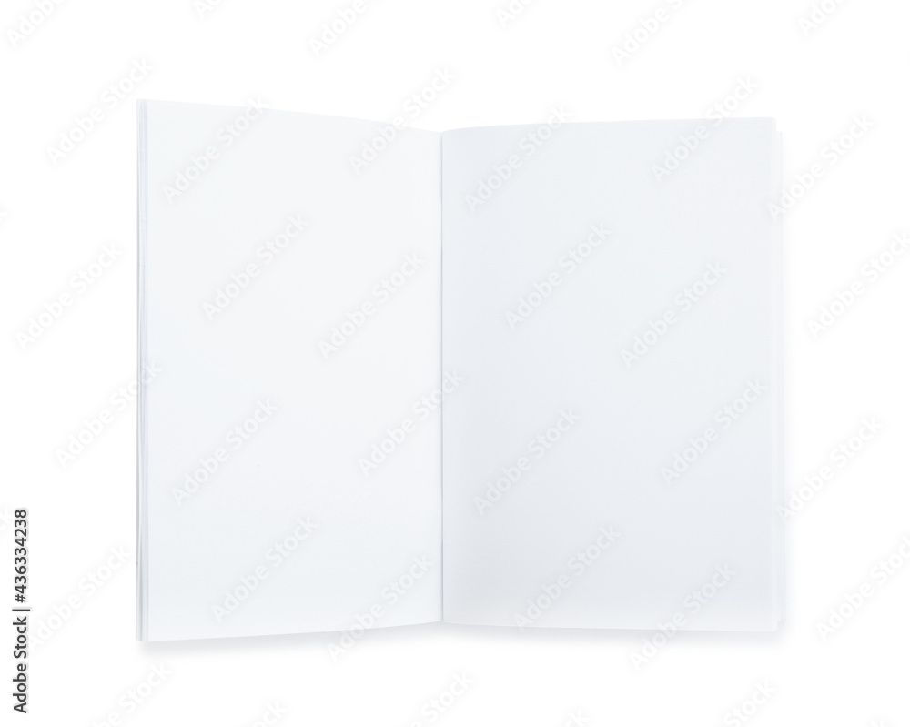 Open blank paper brochure isolated on white, top view. Mockup for design Open blank paper brochure isolated on white, top view. Mockup for design