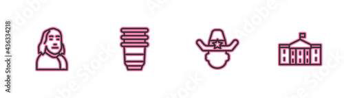 Set line Benjamin Franklin, Sheriff cowboy, Paper glass and United States Capitol Congress icon. Vector