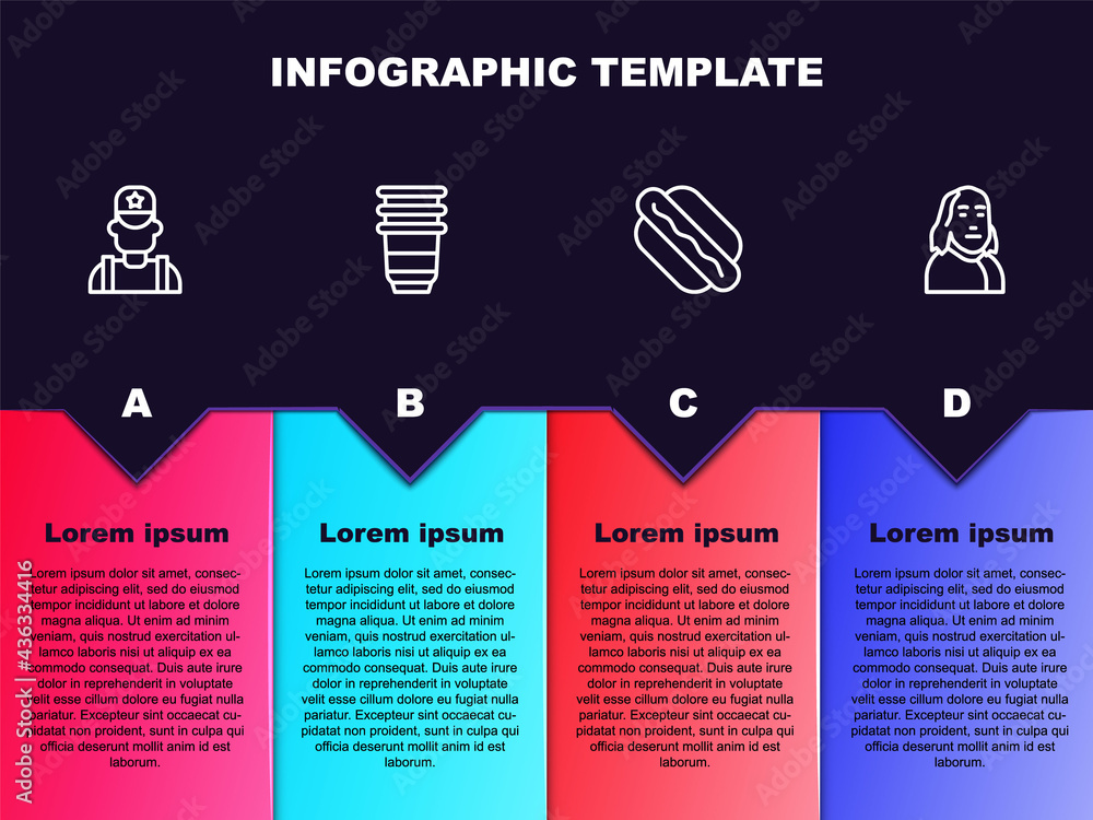 Set line Sheriff cowboy, Paper glass, Hotdog sandwich and Benjamin Franklin. Business infographic template. Vector Set line Sheriff cowboy, Paper glass, Hotdog sandwich and Benjamin Franklin. Business infographic template. Vector