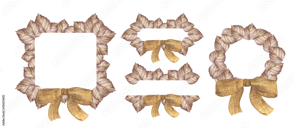 Watercolor autumn banner with leaves, and ribbon isolated on white background. Illustration for greeting cards, wedding invitations, floral poster and decorations.