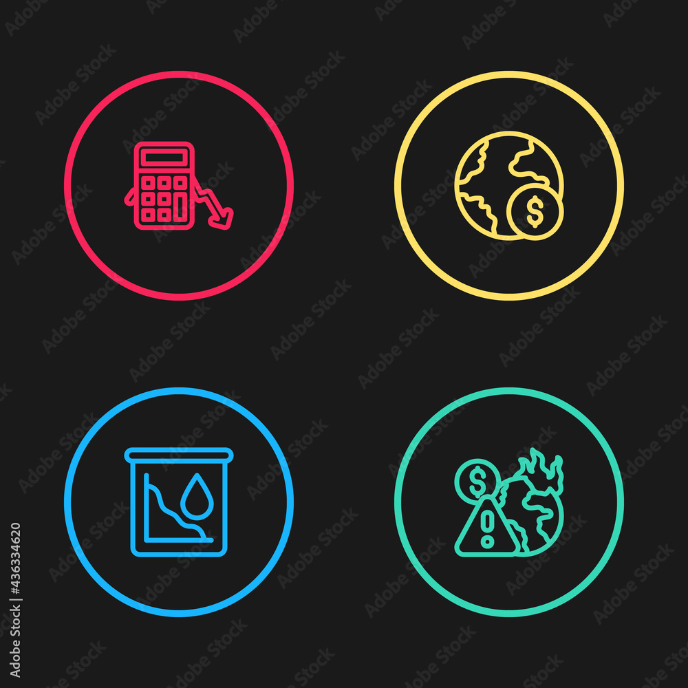 Set line Drop in crude oil price, Global economic crisis, and Calculation of expenses icon. Vector Set line Drop in crude oil price, Global economic crisis, and Calculation of expenses icon. Vector