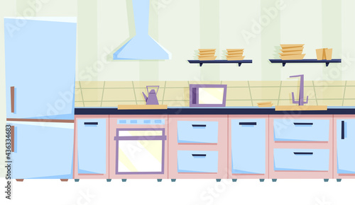 Cozy kitchen interior with furniture and stove, cupboard, fridge and utensils. Flat style vector illustration.