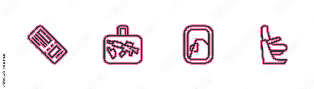 Set line Airline ticket, Airplane window, Suitcase and seat icon. Vector Set line Airline ticket, Airplane window, Suitcase and seat icon. Vector