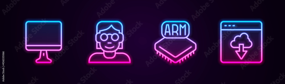 Set line Computer monitor screen, Hacker coder, Processor and Cloud technology data transfer. Glowing neon icon. Vector Set line Computer monitor screen, Hacker coder, Processor and Cloud technology data transfer. Glowing neon icon. Vector
