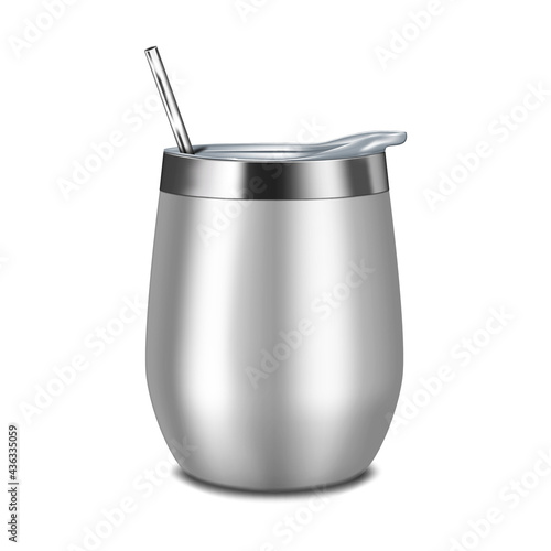 Tumbler with lid and metal drinking straw, realistic vector mock-up. Reusable stainless steel thermal cup, mockup. Travel thermo mug, template