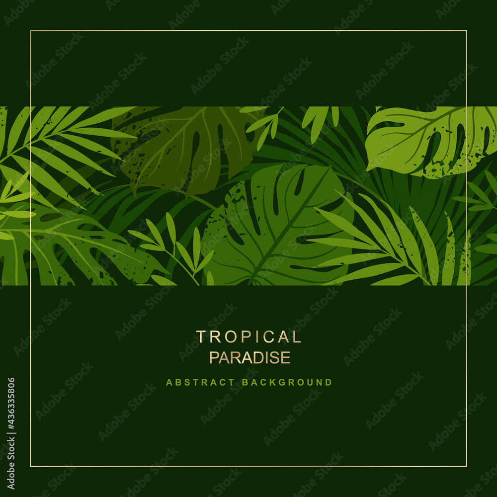 Green background with tropical leaves. Summer plant frame.Vector illustration for poster, wallpaper, wedding, greeting cards, invitations, flyers, sale.
