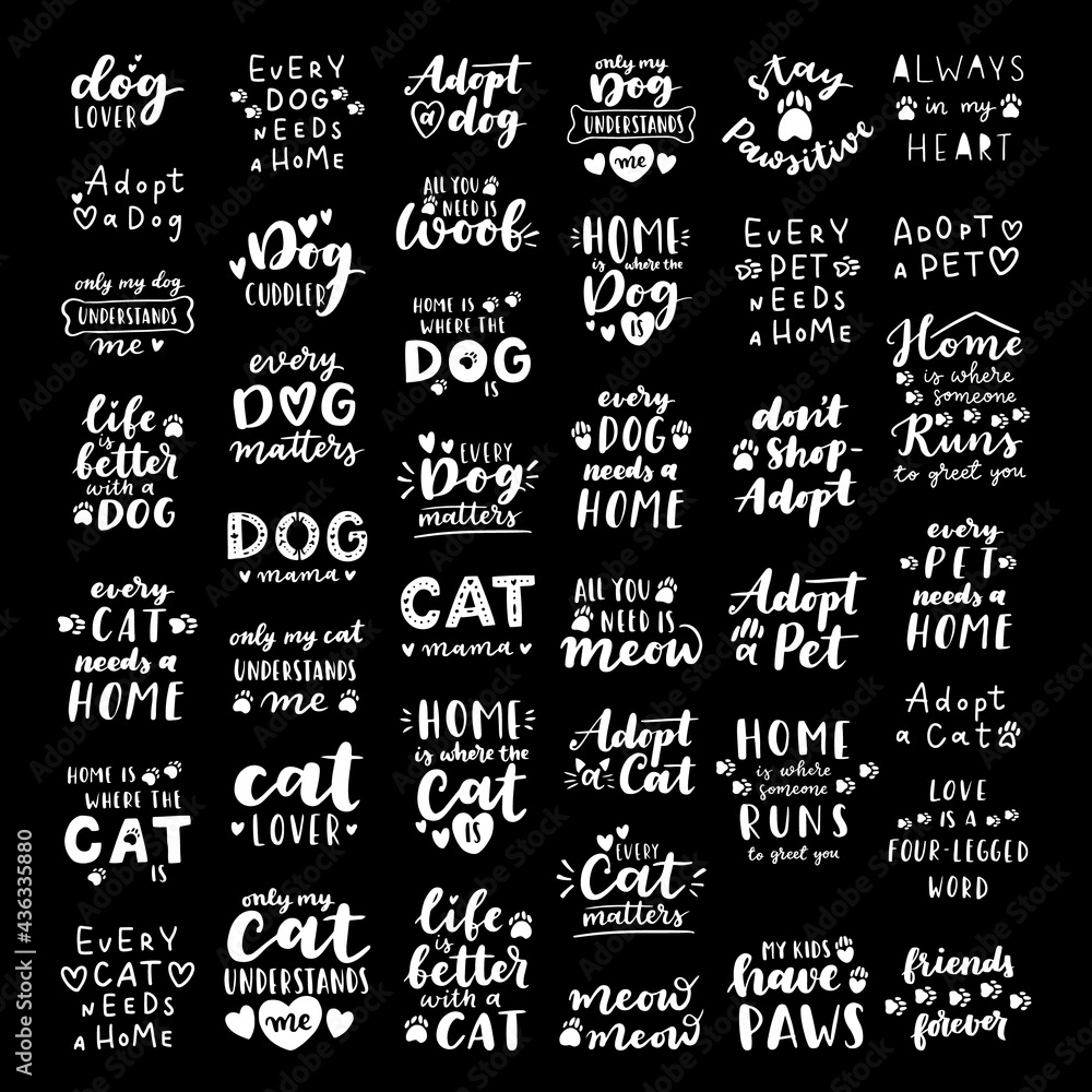 Pet adoption phrase black and white poster. Inspirational quotes about domestical pets adoption. Hand written phrases for poster, cat and dog adoption lettering. Adopt a pet.