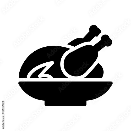 Roasted Chicken Vector Icon in Glyph Style. Roast chicken is chicken prepared as food by roasting whether in a home kitchen, over a fire, or with a rotisserie rotary spit. Vector illustration icon.