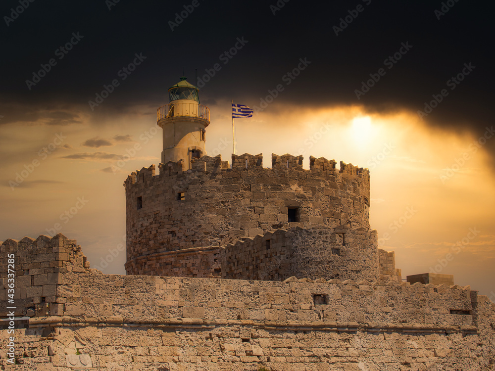 The famous lighthouse, the Agios Nikolaos on the island Rhodes, Greece