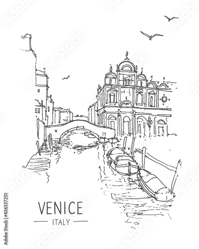 Travel sketch of Venice, Italy. Liner sketches architecture of Venice. Urban sketch in black color isolated on white background. Freehand drawing. Hand drawn travel postcard.
