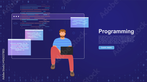 Web designer working on designing user interface or web application. Development and software, SEO optimization. Young man working on laptop, concept of programming, data processing.
