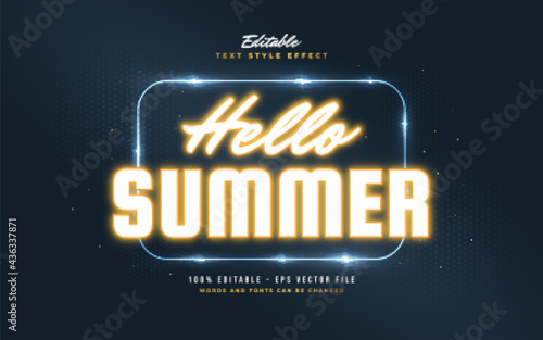 Hello Summer Text in Glowing Orange Neon Effect. Editable Text Style Effect