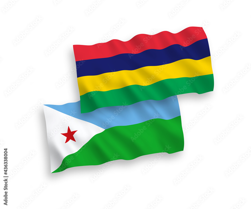Flags of Republic of Djibouti and Republic of Mauritius on a white background Flags of Republic of Djibouti and Republic of Mauritius on a white background