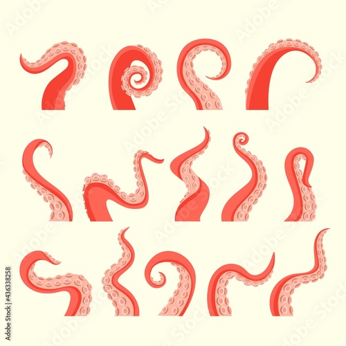 Octopus attacking tentacles set. Wriggling kraken sea limbs formidable with suckers paws underwater monster sinking ships and people squid delicacy for restaurants. Vector seafood.