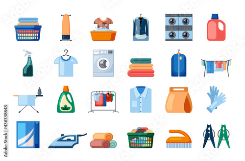 Cleaning accessories set. Rubber gloves with clothes brush and clothespins orange ironing board with modern washing machine powders with bleach in pulverizer. Vector cartoon household.