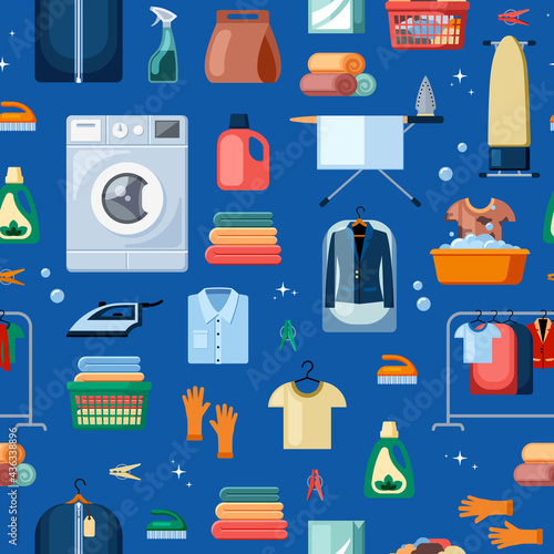 Laundry services and accessories seamless pattern. Clothespins and rubber gloves with clothes brush yellow ironing board with modern washing machine powders with bleach in pulverizer. Vector cartoon.