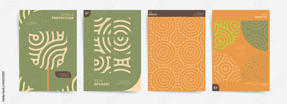 Geometric floral creative design poster template. Abstract asian waves and circles on green orange background. Floral and nature geometric ornaments. For poster, cover, brochure, presentation layout.