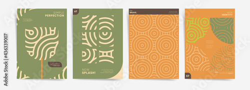 Geometric floral creative design poster template. Abstract asian waves and circles on green orange background. Floral and nature geometric ornaments. For poster, cover, brochure, presentation layout.