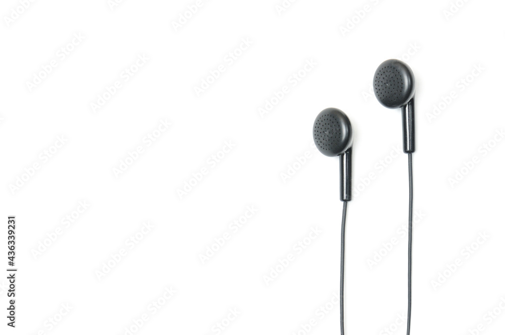 Earphone for music player and smartphone on white background Earphone for music player and smartphone on white background