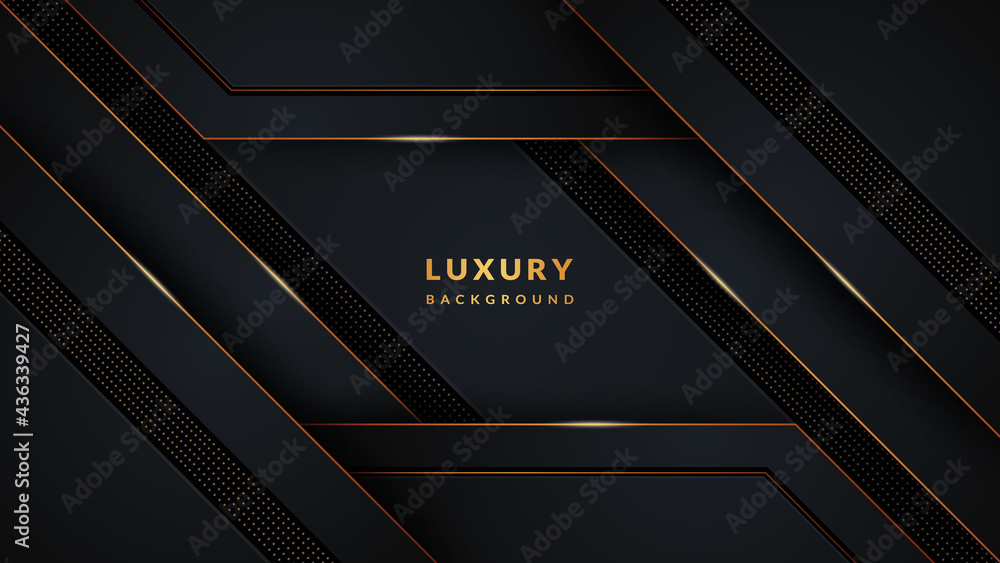 Luxury abstract background with modern black shapes and golden shine shapes, lines, and dots. Modern template elegant design with vector layers and dark shadow. Luxury abstract background with modern black shapes and golden shine shapes, lines, and dots. Modern template elegant design with vector layers and dark shadow.