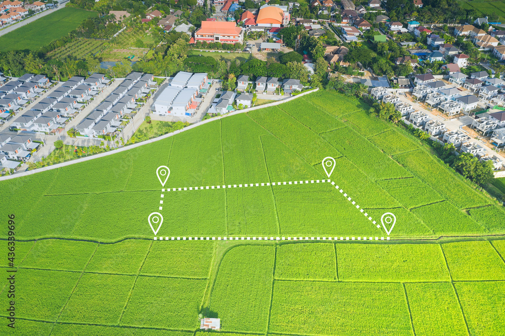Obraz premium Land plot in aerial view. Gps registration survey of property, real estate for map with location, area. Concept for residential construction, development. Also house for sale, buy, investment.