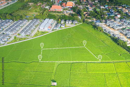 Land plot in aerial view. Gps registration survey of property, real estate for map with location, area. Concept for residential construction, development. Also house for sale, buy, investment.