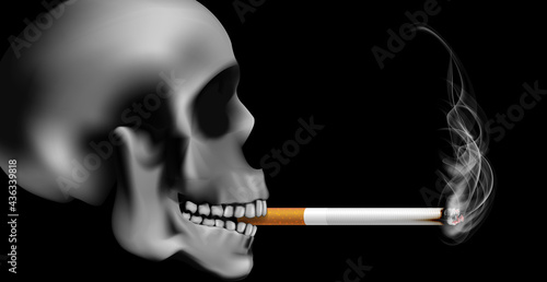 World no tabacco day campaign illustration no cigarette for health scary skull smoking in black dark background